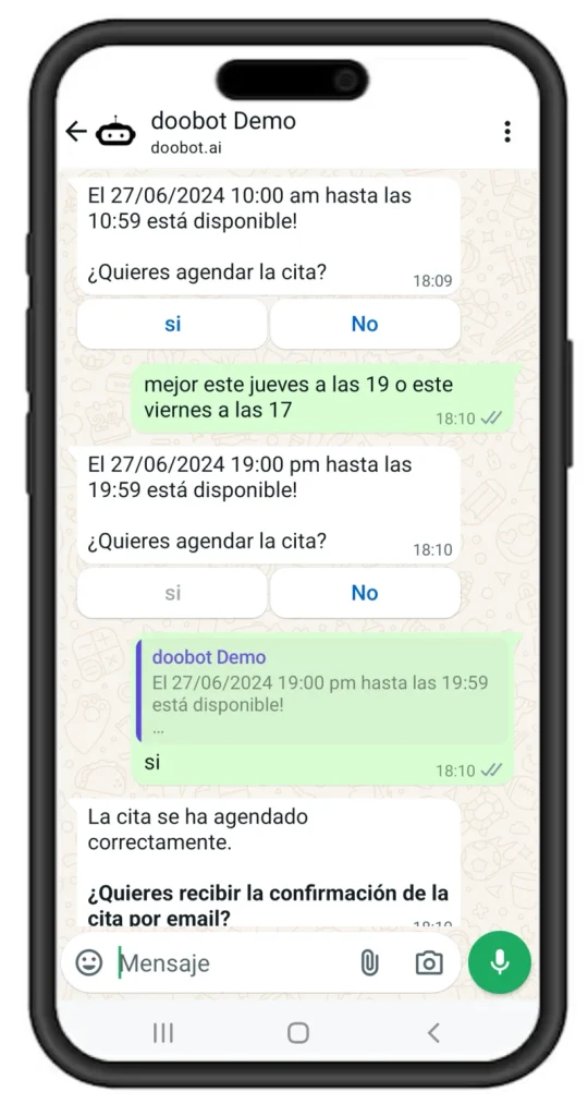 Conversación WhatsApp automatizada por doobot.ai